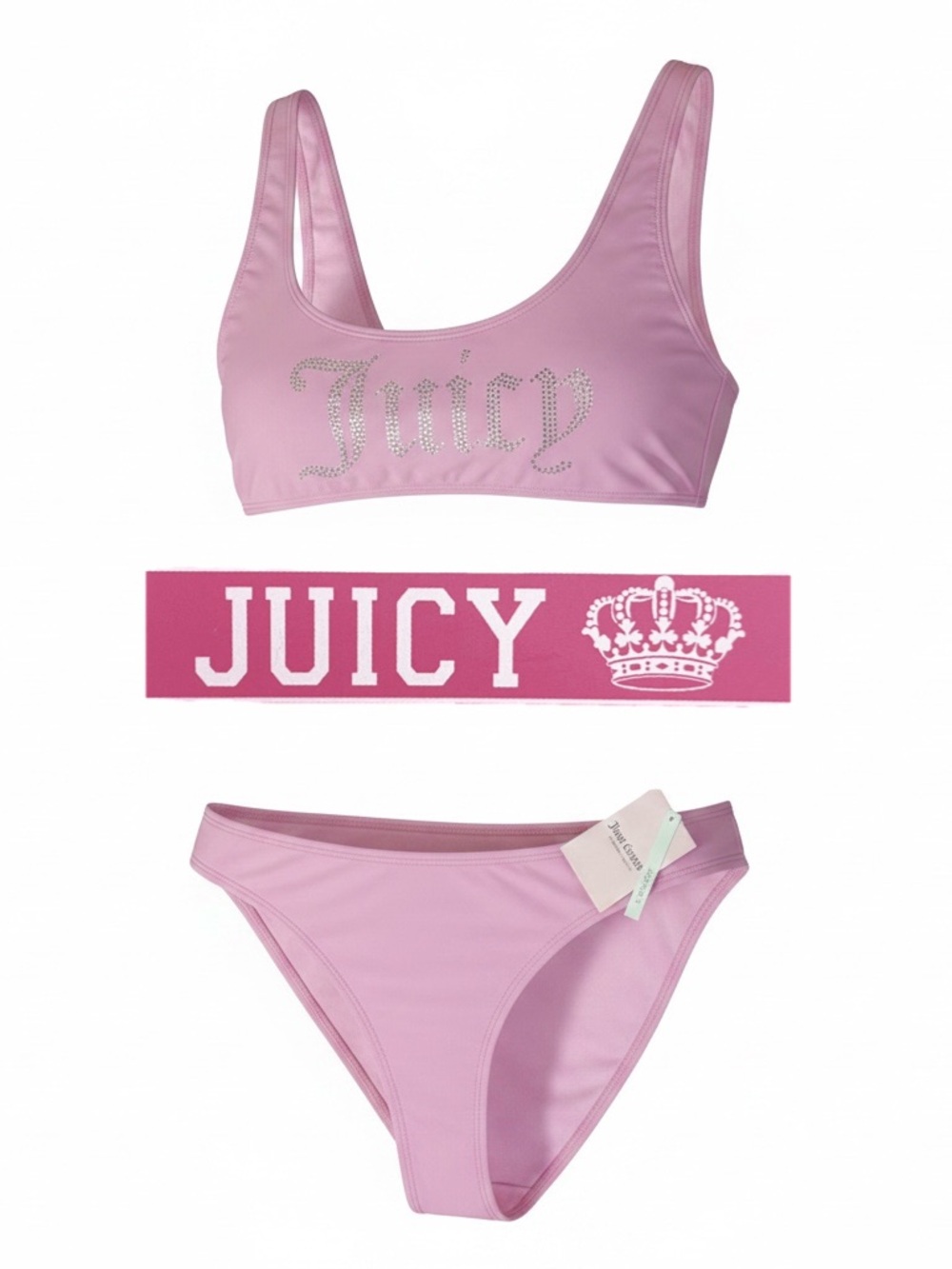 Juicy Couture 2-pc Bikini Lt Pink Rhinestones Scoop Neck High-Cut Sz Lg NEW NWT